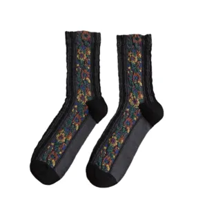 Vintage women mid-calf socks autumn winter retro ethnic floral jacquard knit hosiery item