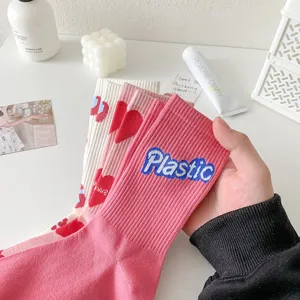 Pink girly mid-tube socks detail, cute knit cotton long socks with embroidery for women.