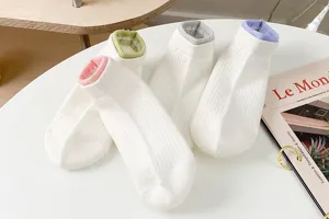 Women short socks sweet contrast ribbed cuff breathable cotton casual shallow boat socks white
