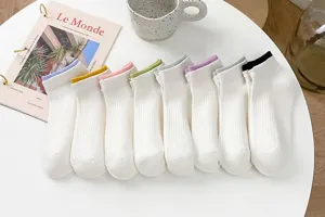 Women solid color ankle socks with contrast double ribbed cuffs, breathable daily cotton boat socks.