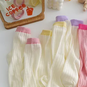 Breathable mesh stack socks for women, white summer crew socks with colorful cuffs.