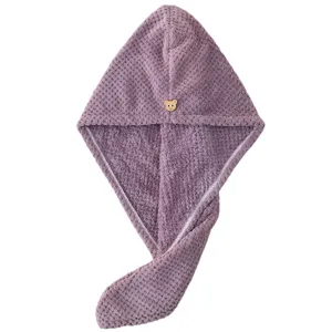 Coral fleece dry hair cap for women, quick drying absorbent hair towel wrap with cute bear button.