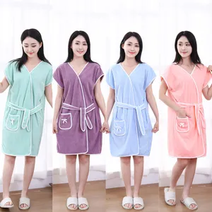 Women coral fleece wearable bath towel skirt with straps, soft absorbent spa shower robe