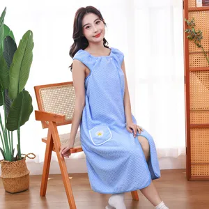 Wearable coral fleece bath dress soft absorbent strap bathrobe comfortable beach towel for women.