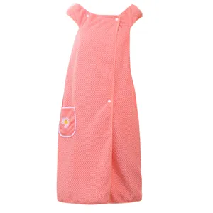 Coral fleece wearable bath towel dress with straps and pocket, soft and comfy main image.