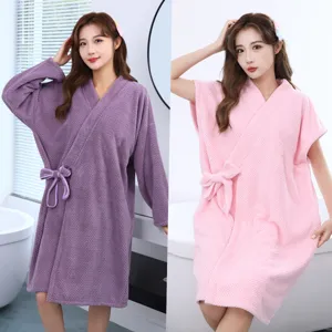 Femme Doux Absorbant Polaire Corail Peignoir Gaufré Jupe de Bain Manches Longues Courtes Spa Vêtements de Nuit Maison