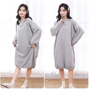 Coral Fleece Hooded Bathrobe Women Long Sleeve Thickened Absorbent Soft Cozy Bath Dress Sleepwear Loungewear