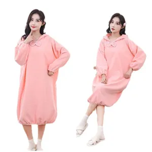 Pink coral fleece hooded long sleeve nightgown bathrobe wearable plush bath towel for women