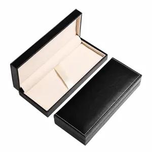 Black PU leather fountain pen gift box, business packaging box detail view, elegant design.