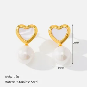 Retro heart imitation pearl earrings, stainless steel gold tone chic fashion jewelry for women.