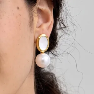 Retro gold oval pearl drop earrings for women, elegant daily wear stainless steel detail shot.