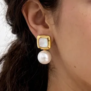 Detail view of retro square pearl earrings, exquisite metal design, elegant and stylish.