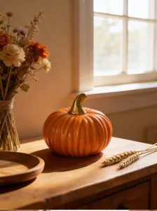 Ceramic pumpkin figurine detail, creative gold stem home decor ornament for autumn living room display.