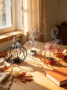 Metallkürbis Räuchergefäß Detailansicht mit Rauch und warmer herbstlicher Tischdekoration.