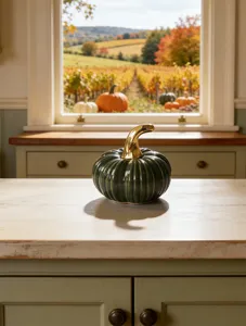 Ceramic pumpkin ornament with a shiny gold stem and ribbed dark green body for home decor.