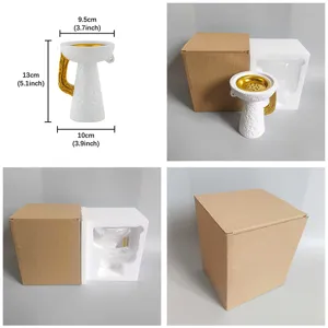Detalles del quemador de incienso árabe de cerámica blanca con bandeja dorada y caja de espuma.