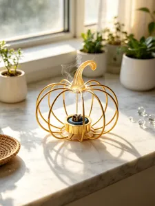 Goldener Kürbis-Räucherstäbchenhalter, moderne minimalistische Aromatherapie-Tischdekoration.