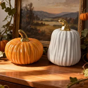 European style ceramic pumpkin figurine with gold stem home decor desktop autumn ornament set
