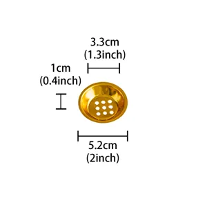 Close-up of golden metal censer bowl accessory with hollow mesh and size dimensions.