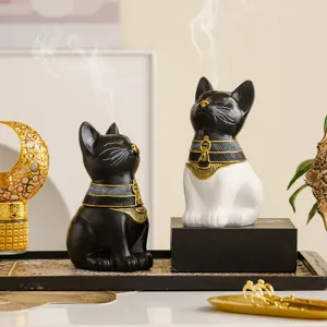 Egyptian cat incense burner set, black and white resin home decor aromatherapy ornament.
