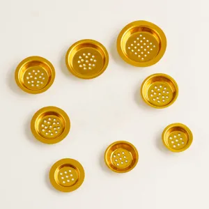 Gold metal hollow incense burner gasket and hardware accessories set, top view display.