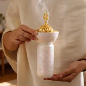 Bruciatore di Incenso in Resina Stile Medio Oriente Con Coperchio Metallico Cavo Paillettes Pilastro Incensario per Aromaterapia Decorazione Casa
