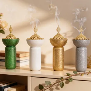 Bruciatore di incenso in resina in stile orientale con finitura glitterata e coperchio dorato.