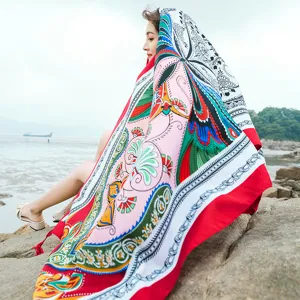 Ethnic style beach towel women long breathable cotton linen scarf bohemian shawl travel wrap