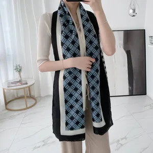 Écharpe châle à carreaux bleu noir élégante femme, automne hiver chaud doux coton lin tour de cou.