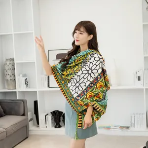 Ethnic floral printed cotton twill scarf, versatile sun protection shawl for women.