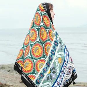 Bohemian ethnic print long beach scarf shawl, breathable cotton linen fabric, perfect for travel.