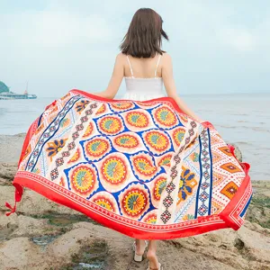 Ethnic style beach towel scarf, long breathable cotton linen wrap for women vacation.