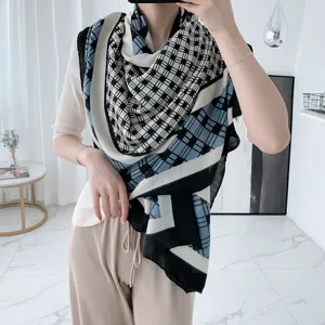 Femme coton lin carreaux écharpe automne hiver chaud mode élégant doux châle bleu