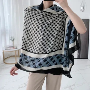 Écharpe en lin et coton pour femme, châle à carreaux géométriques automne hiver, chaud mode.