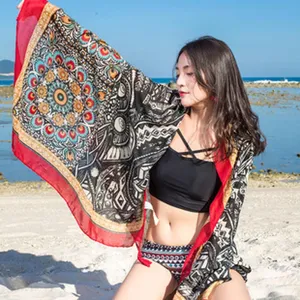 Women floral print beach scarf shawl, bohemian style lightweight sun protection wrap.