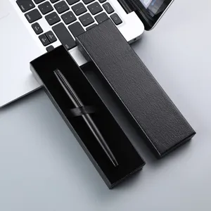 Black metal rollerball pen with luxury gift box packaging, ideal for business gifts and office use.
