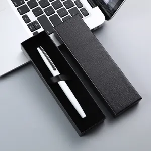 Business metal ballpoint pen with black gift box, elegant white finish for office and gift use.