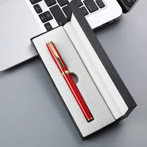 Business metal ballpoint pen gift box set, red barrel with gold trim for office use stationery.