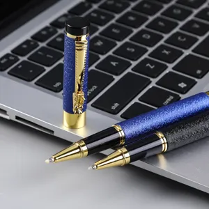 Luxury metal rollerball pen with unique dragon clip design, textured barrel for business gift and writing.