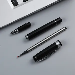 Minimalist metal rollerball pen with disassembled parts, smooth black finish for business gifts.