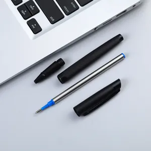 Detailed view of disassembled black metal rollerball pen components and smooth refill.