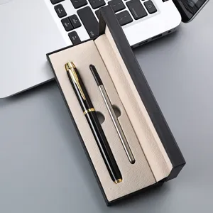 Metal rollerball pen gift set with black and gold design, elegant business stationery box.