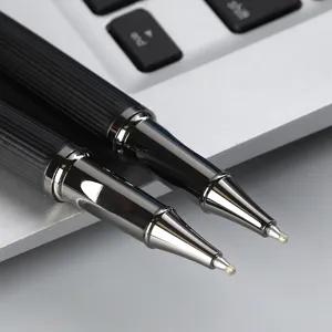 Metal rollerball signature pen for business office gift, sleek striped metallic barrel design.