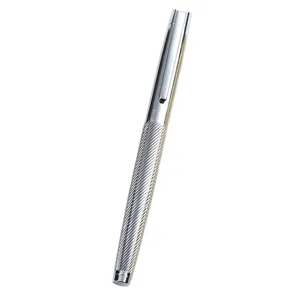 Luxury metal signature pen with elegant engraved diagonal pattern and smooth polished silver cap.