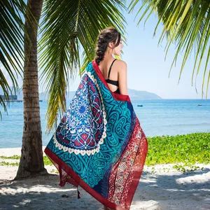 Boho beach shawl for women, long cotton linen scarf, summer vacation sun protection wrap.