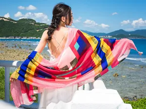 Geometric printed red cotton linen scarf shawl seaside vacation beach towel detail view