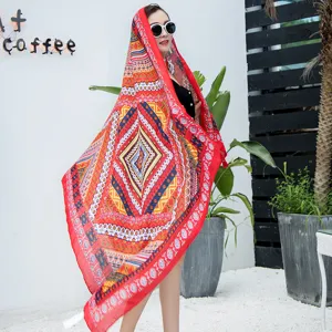 Ethnic style colorful floral print summer sun protection beach scarf shawl for travel fashion.