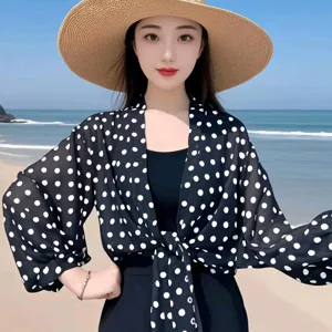 Women black polka dot chiffon sun protection cardigan beach shawl wide sleeve summer cover up