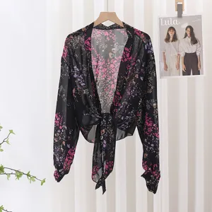 Black floral sheer chiffon shrug cardigan with front tie, lightweight summer sun protection top.