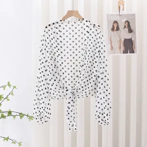 Women polka dot sheer chiffon sun protection cardigan tie front loose long sleeve beach cover up